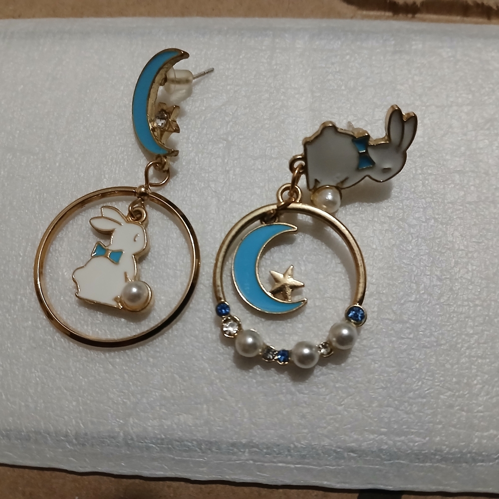 Gold and Blue Rabbit Moon Earrings